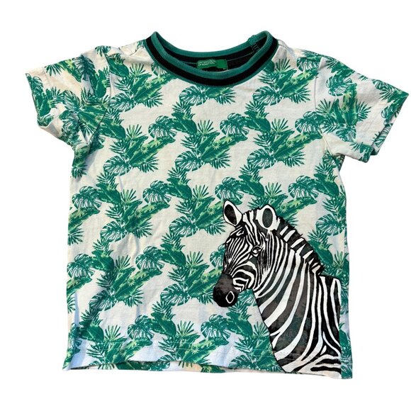 United Colors Of Benetton Boys Tropical Zebra Print T-Shirt Green & White Short- - Picture 1 of 3